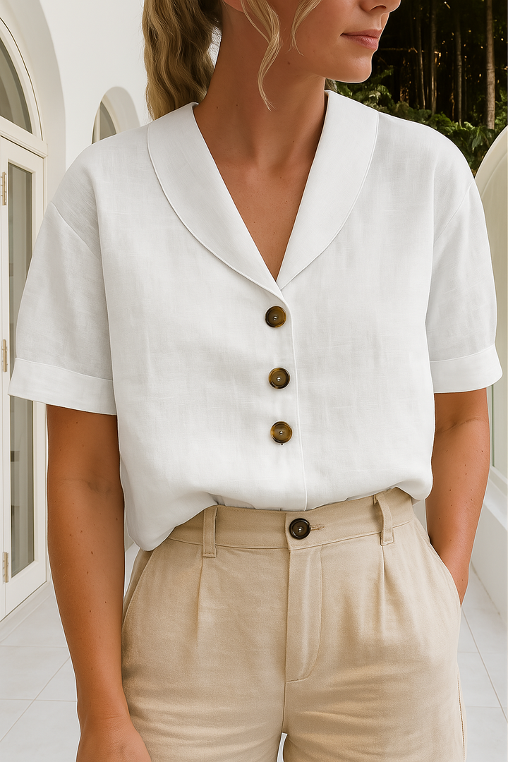 Women's Linen Collared V-Neck Button Detail Blouse