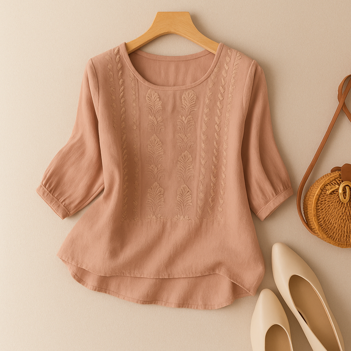 Women's Embroidered Linen Blouse Relaxed Fit Round Neck