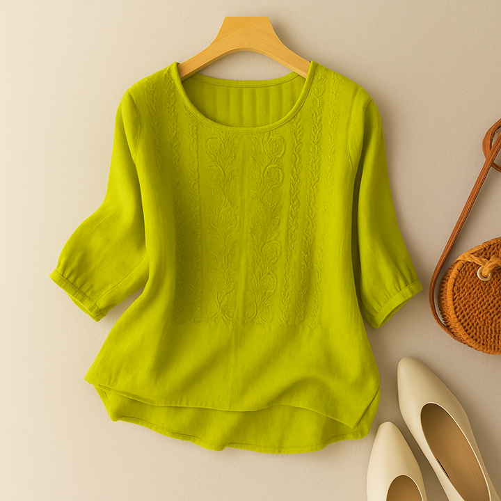Women's Embroidered Linen Blouse Relaxed Fit Round Neck