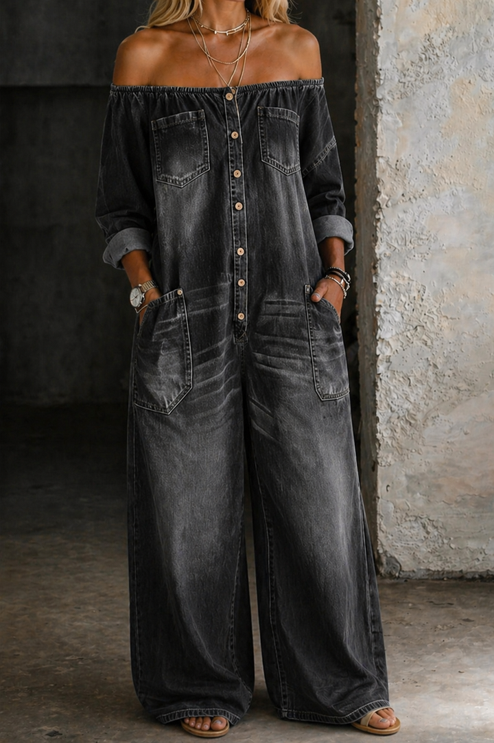 Women's Off Shoulder Button Front Wide Leg Denim Jumpsuit