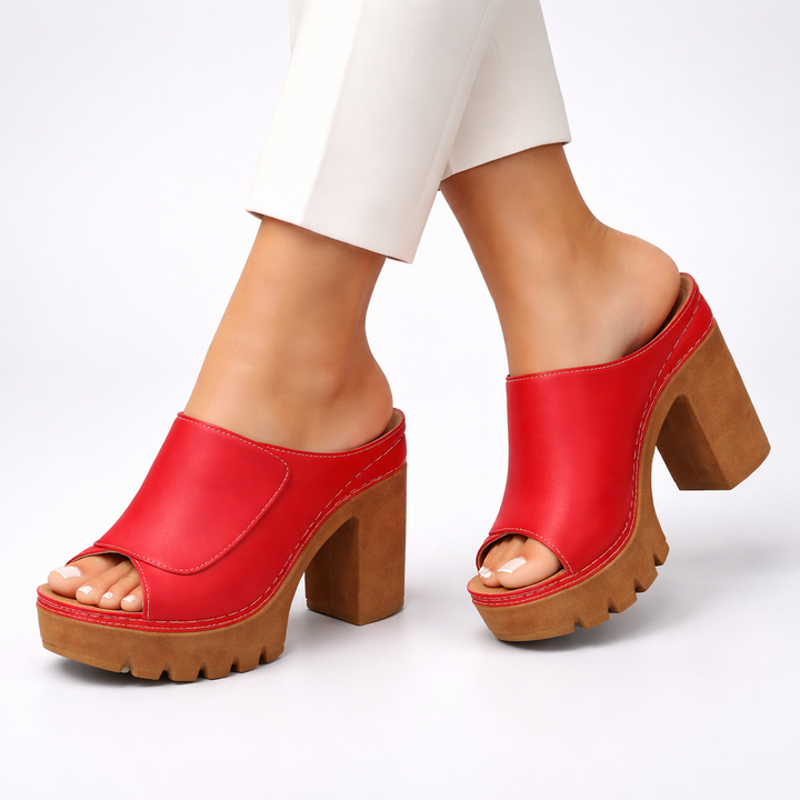 Women's Leather Platform Block Heel Open Toe Mules