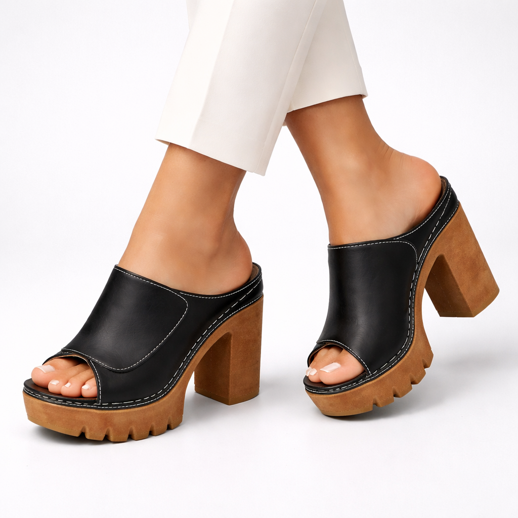 Women's Leather Platform Block Heel Open Toe Mules