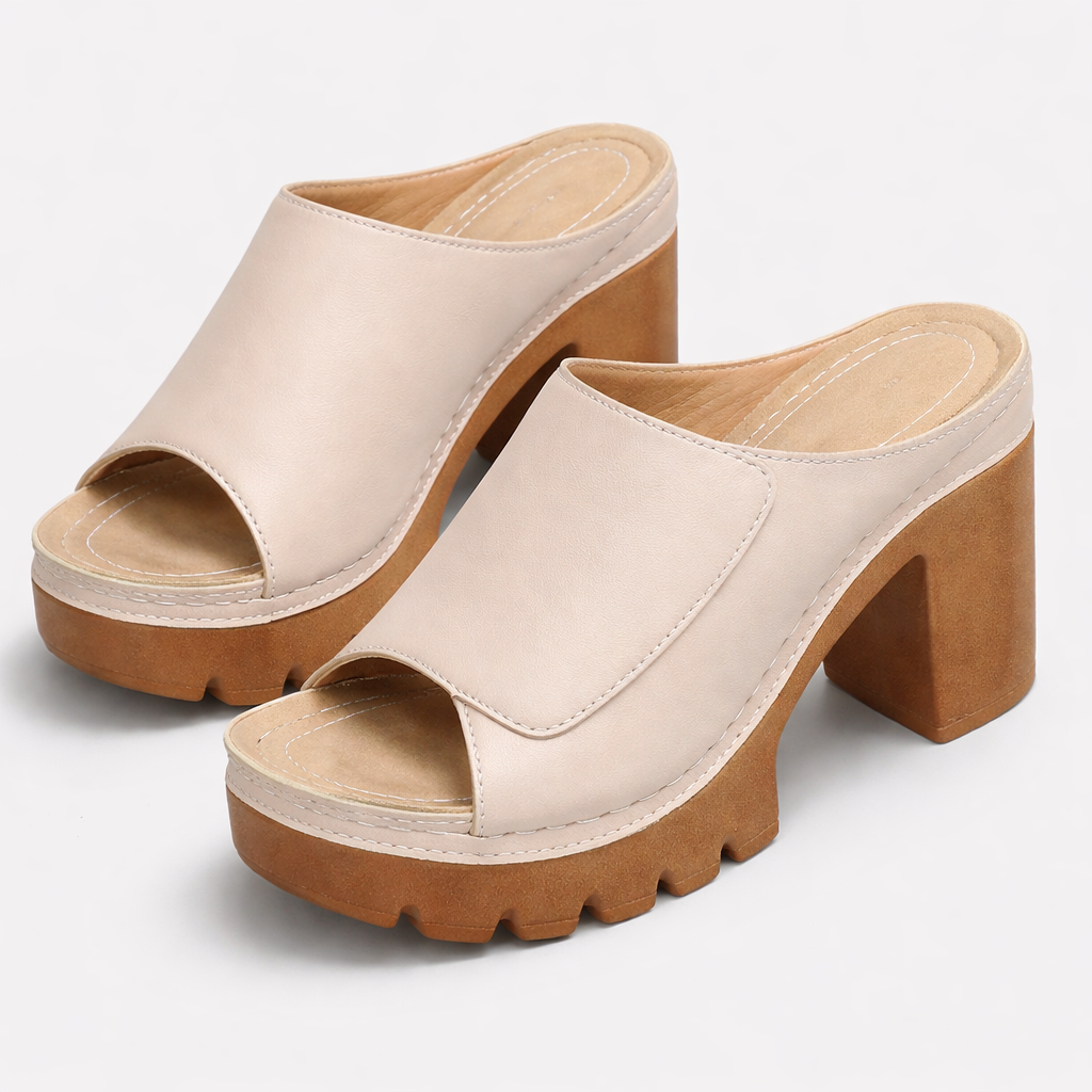 Women's Leather Platform Block Heel Open Toe Mules