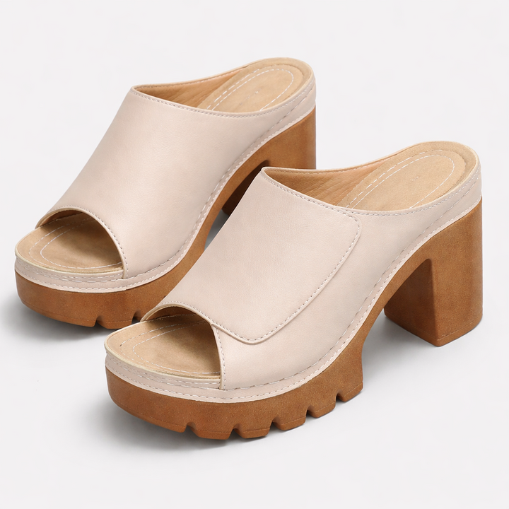 Women's Leather Platform Block Heel Open Toe Mules