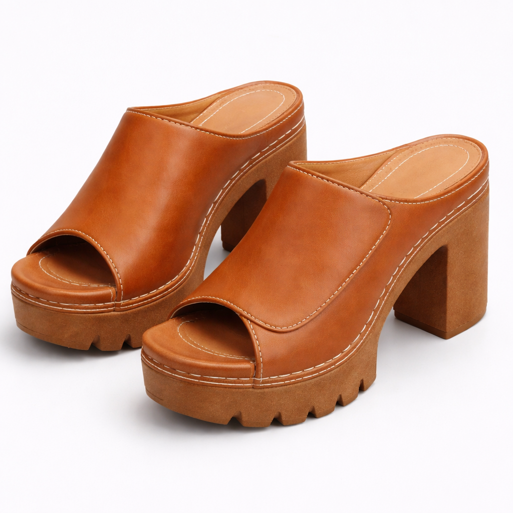 Women's Leather Platform Block Heel Open Toe Mules