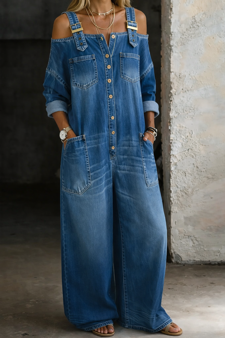 Women's Denim Cold Shoulder Button Front Wide Leg Jumpsuit