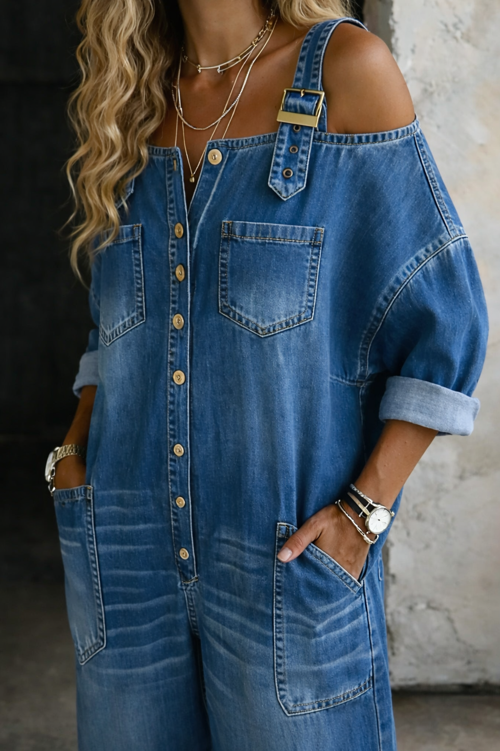 Women's Denim Cold Shoulder Button Front Wide Leg Jumpsuit