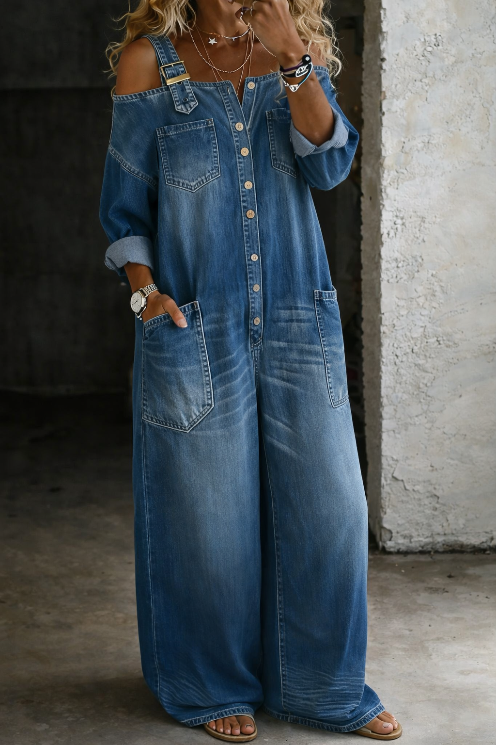 Women's Denim Cold Shoulder Button Front Wide Leg Jumpsuit