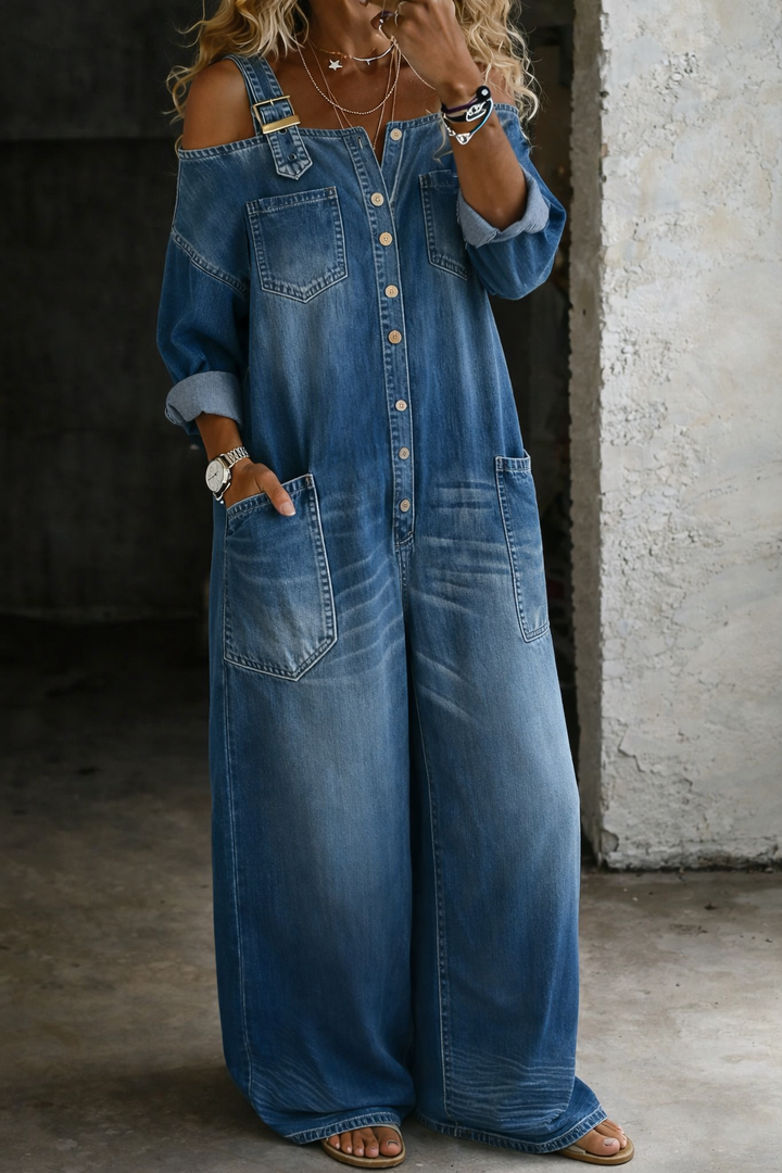 Women's Denim Cold Shoulder Button Front Wide Leg Jumpsuit