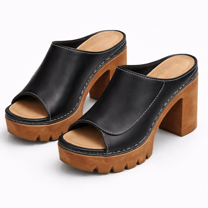 Women's Leather Platform Block Heel Open Toe Mules