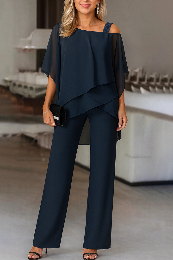 Women's Two-Piece Chiffon Layered Top and Wide-Leg Trousers Set
