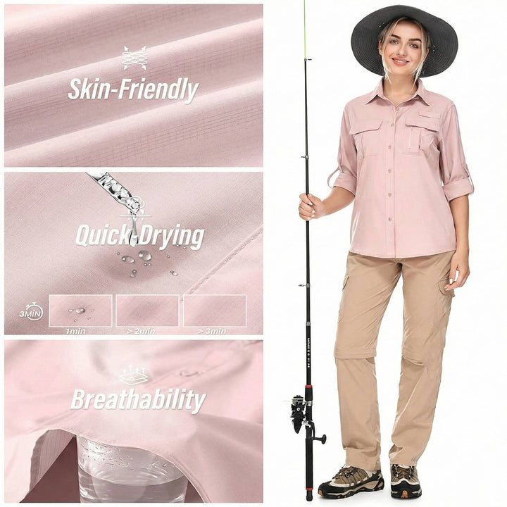 Women's UPF 50 Long Sleeve Hiking Shirt Roll-Up Safari Shirt