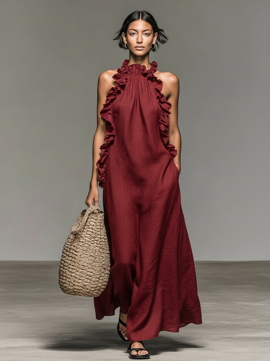 Women's Minimalist Linen-blend Sleeveless Maxi Dress With Ruffle Details