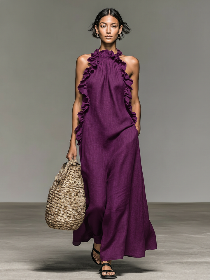 Women's Minimalist Linen-blend Sleeveless Maxi Dress With Ruffle Details