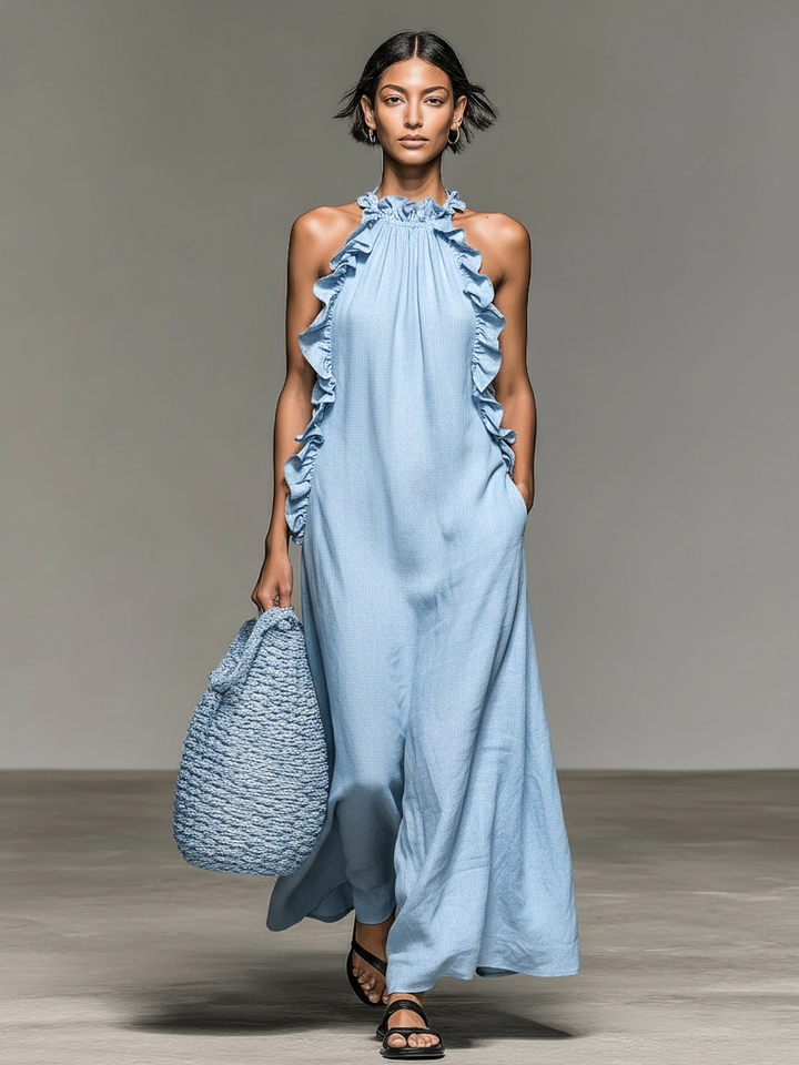Women's Minimalist Linen-blend Sleeveless Maxi Dress With Ruffle Details
