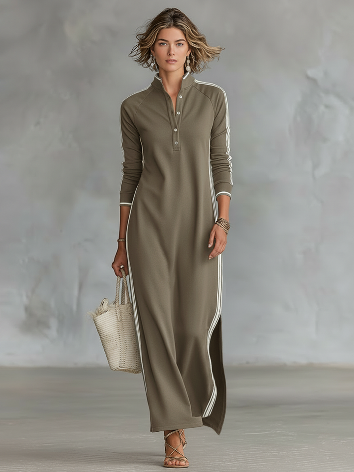 Women's Minimalist White-trimmed Button-down Collar Sweatshirt Dress Maxi Dress