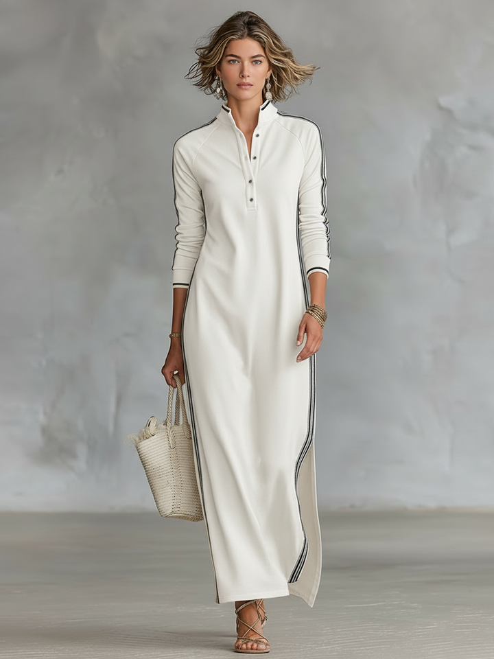 Women's Minimalist White-trimmed Button-down Collar Sweatshirt Dress Maxi Dress
