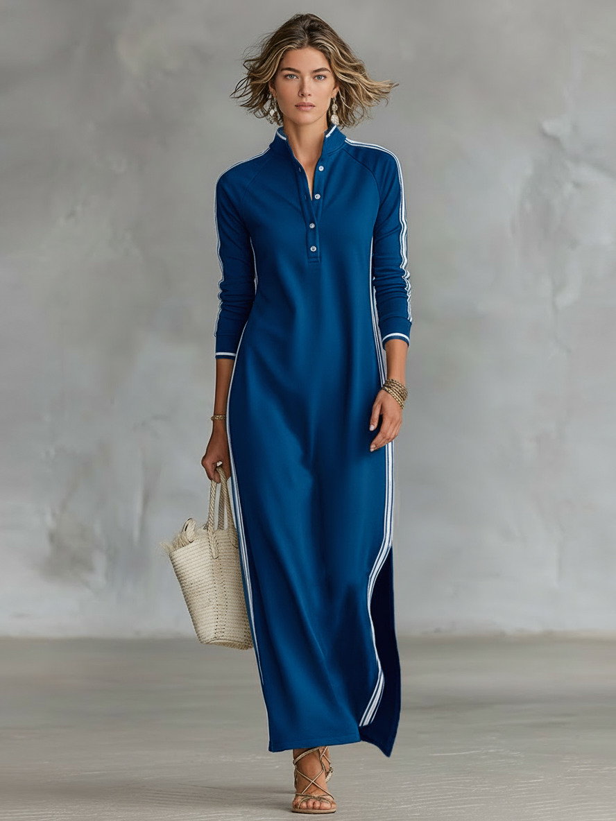 Women's Minimalist White-trimmed Button-down Collar Sweatshirt Dress Maxi Dress