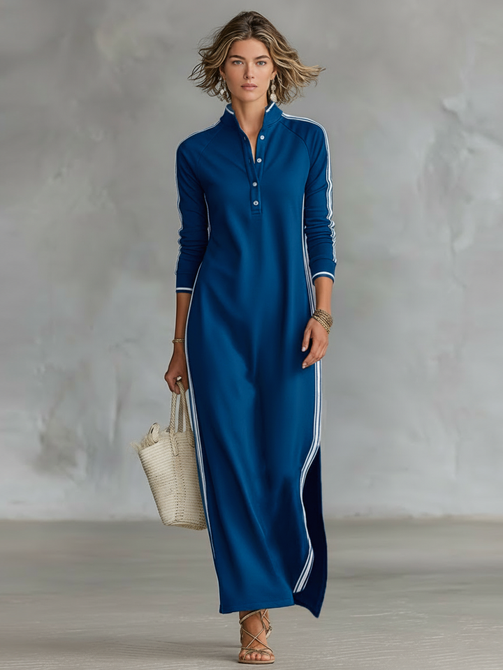 Women's Minimalist White-trimmed Button-down Collar Sweatshirt Dress Maxi Dress