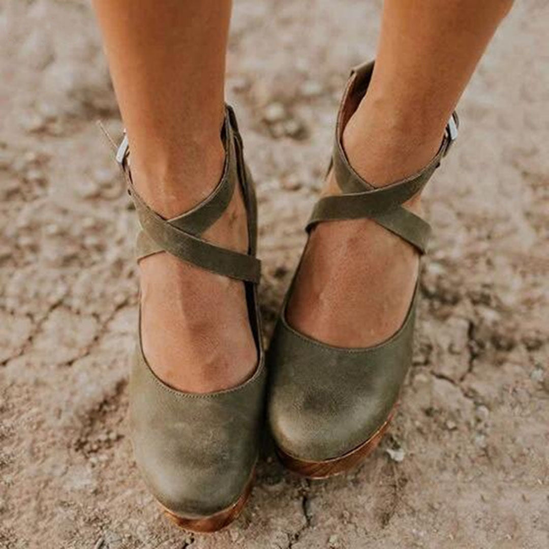 Women's Cross Ankle Strap Closed Toe Wood Effect Block Heel Shoes