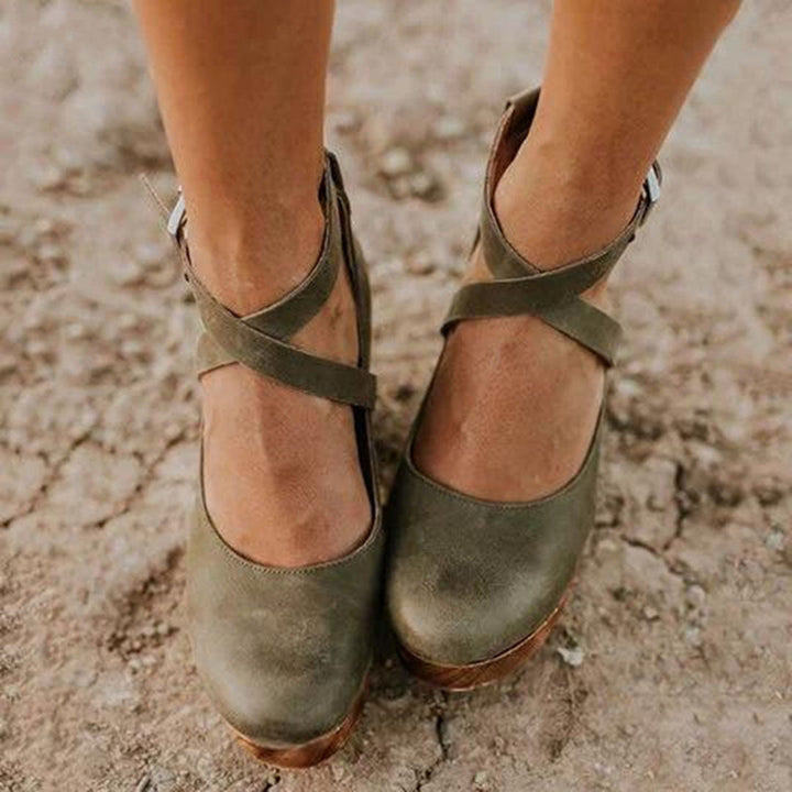 Women's Cross Ankle Strap Closed Toe Wood Effect Block Heel Shoes