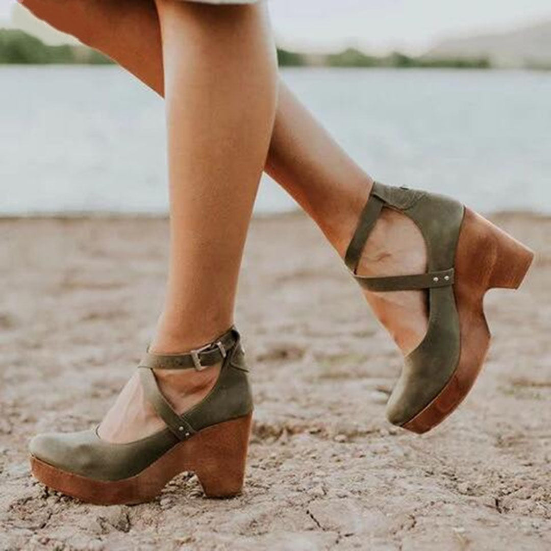Women's Cross Ankle Strap Closed Toe Wood Effect Block Heel Shoes