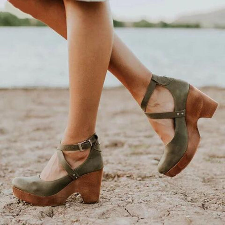 Women's Cross Ankle Strap Closed Toe Wood Effect Block Heel Shoes