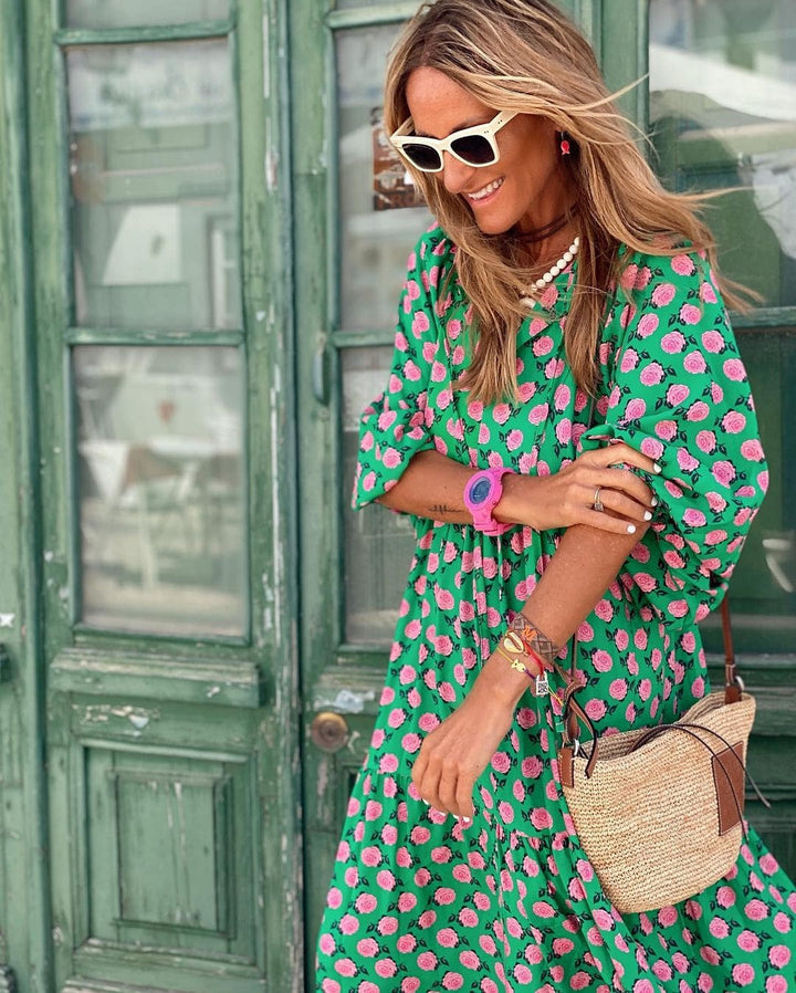 Women's Geometric Print V-Neck Batwing Sleeve Tiered Maxi Dress