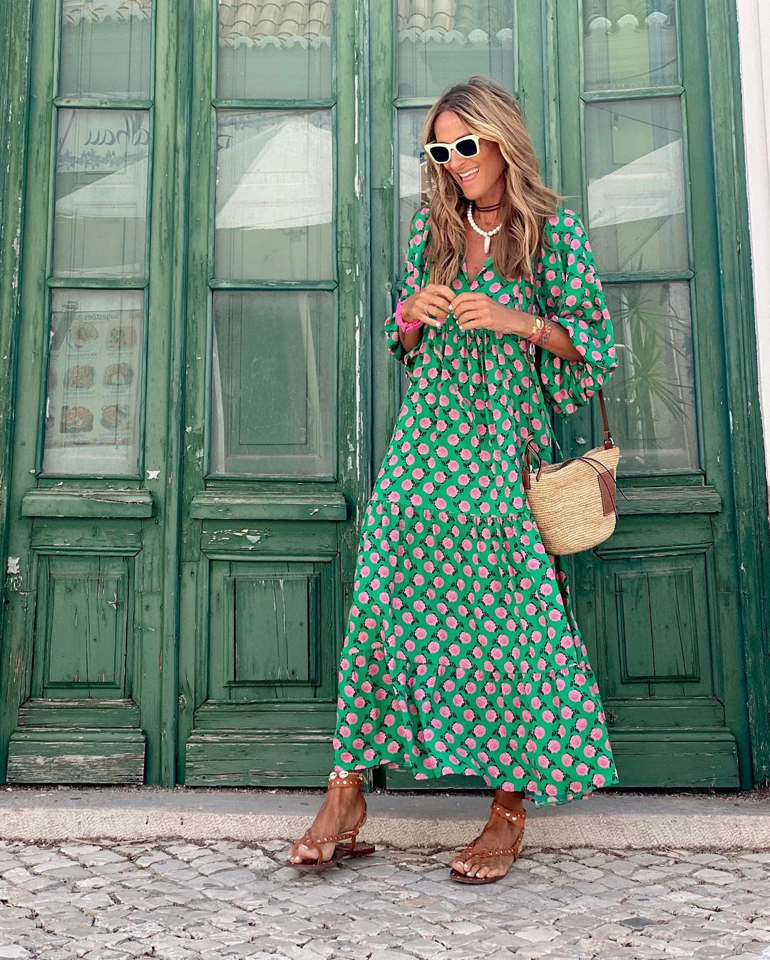 Women's Geometric Print V-Neck Batwing Sleeve Tiered Maxi Dress
