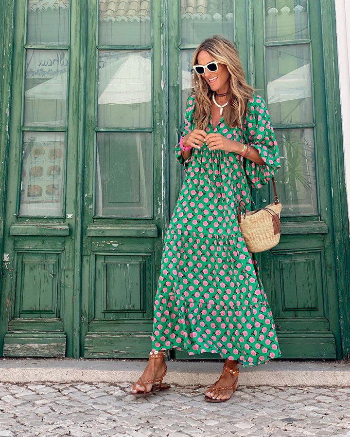 Women's Geometric Print V-Neck Batwing Sleeve Tiered Maxi Dress