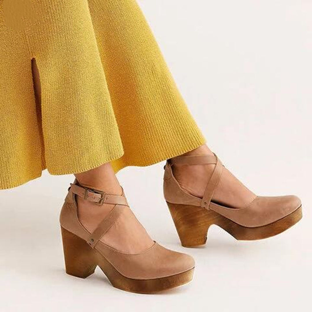 Women's Cross Ankle Strap Closed Toe Wood Effect Block Heel Shoes