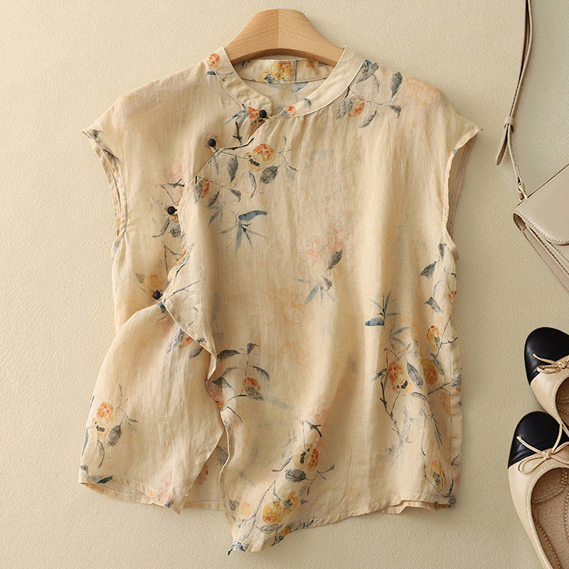 Women's Floral Print Sleeveless Top with Mandarin Collar