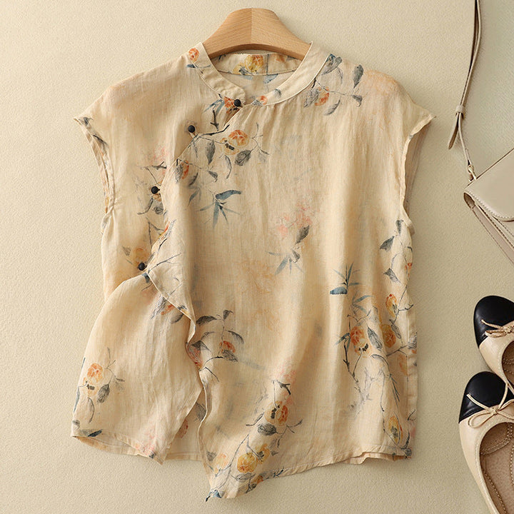 Women's Floral Print Sleeveless Top with Mandarin Collar