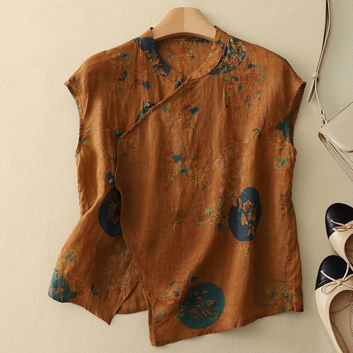 Women's Floral Print Sleeveless Top with Mandarin Collar