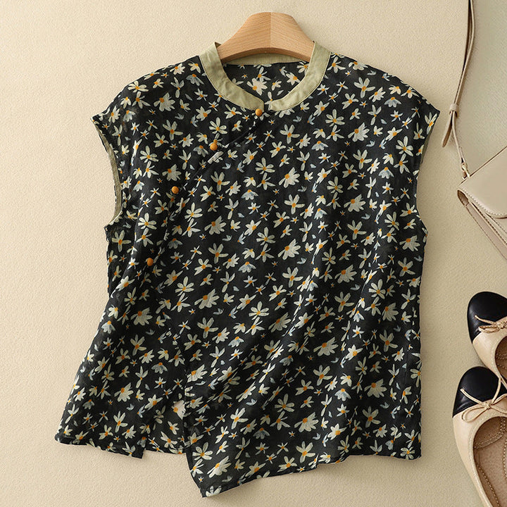 Women's Floral Print Sleeveless Top with Mandarin Collar