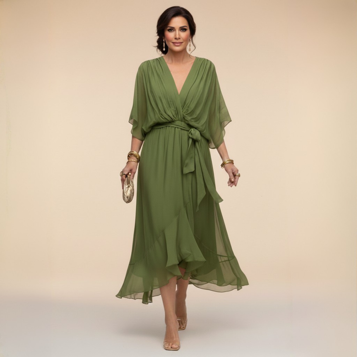 Women's V-Neck Wrap Belted Batwing Sleeve Chiffon Midi Dress