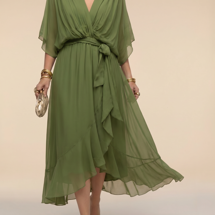 Women's V-Neck Wrap Belted Batwing Sleeve Chiffon Midi Dress