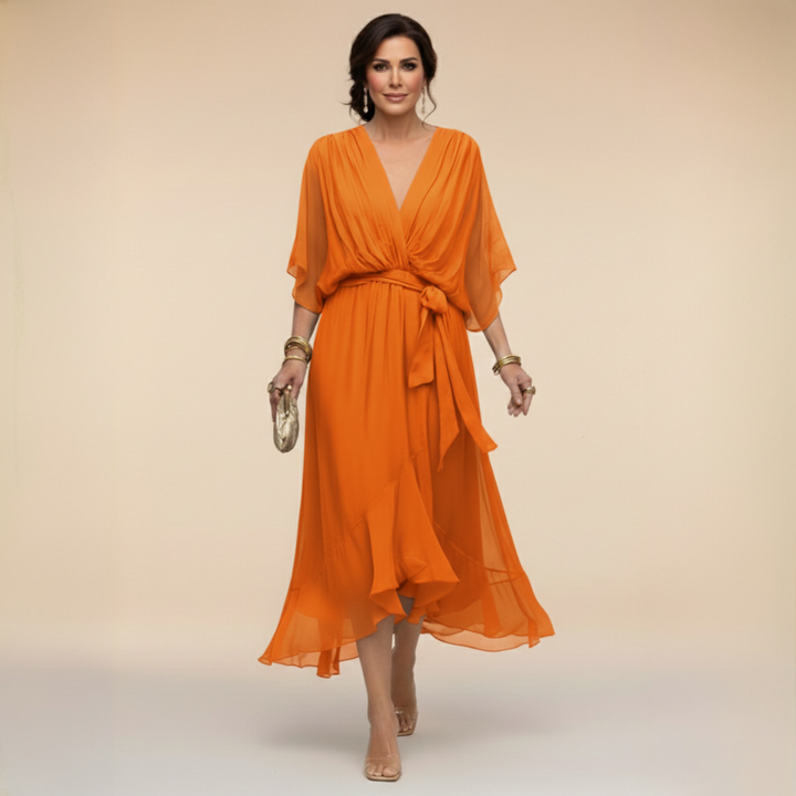 Women's V-Neck Wrap Belted Batwing Sleeve Chiffon Midi Dress