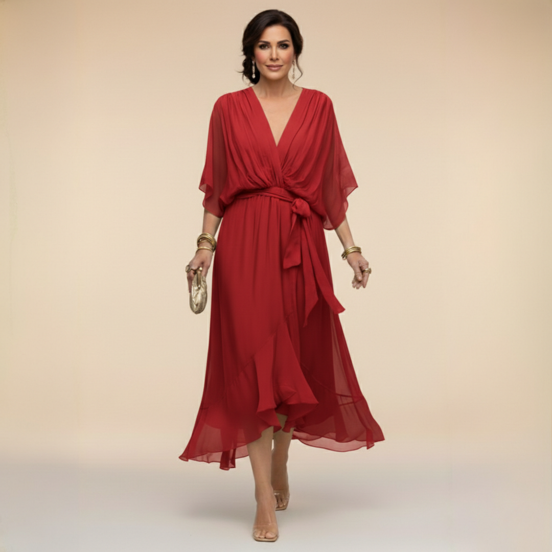 Women's V-Neck Wrap Belted Batwing Sleeve Chiffon Midi Dress
