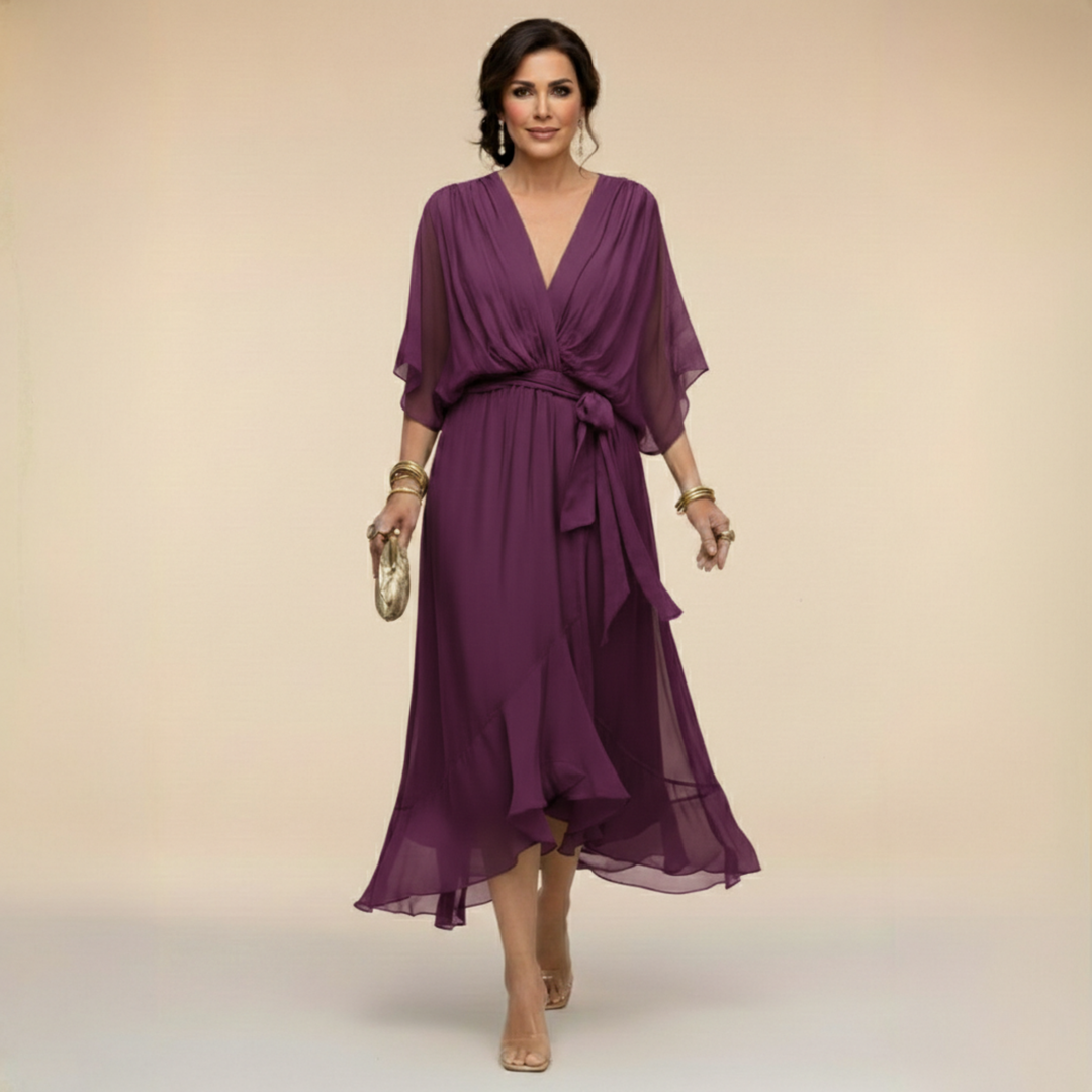 Women's V-Neck Wrap Belted Batwing Sleeve Chiffon Midi Dress