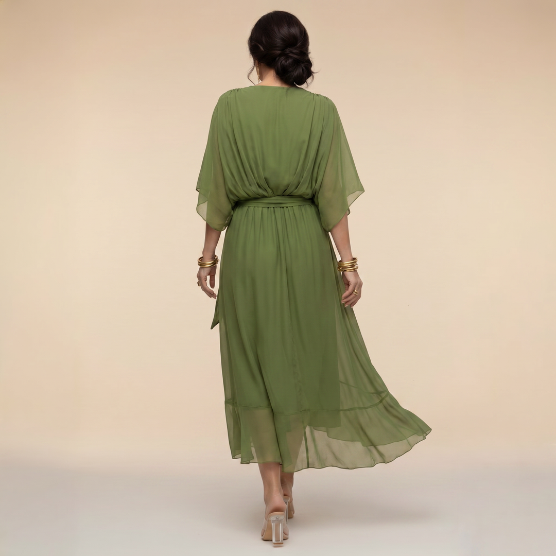 Women's V-Neck Wrap Belted Batwing Sleeve Chiffon Midi Dress