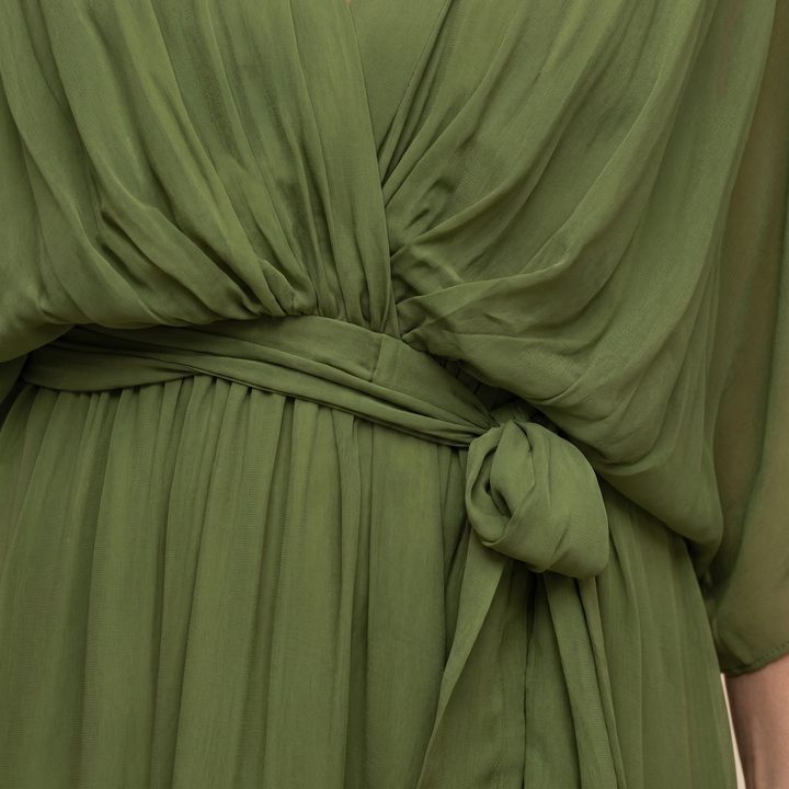 Women's V-Neck Wrap Belted Batwing Sleeve Chiffon Midi Dress