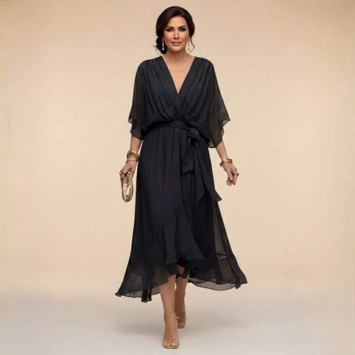 Women's V-Neck Wrap Belted Batwing Sleeve Chiffon Midi Dress