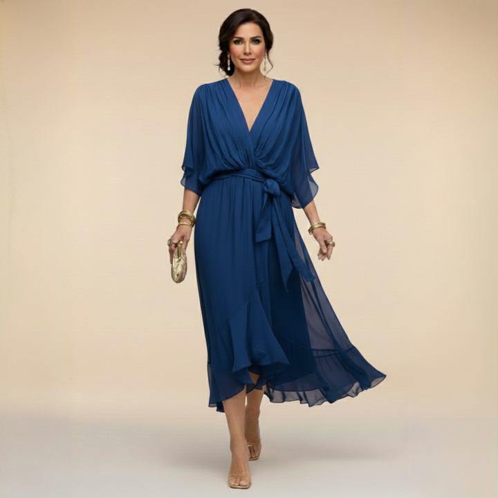 Women's V-Neck Wrap Belted Batwing Sleeve Chiffon Midi Dress