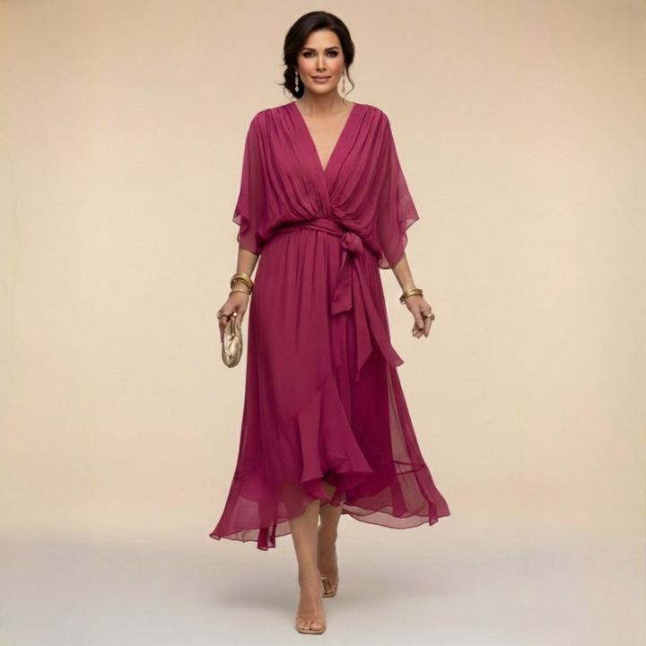 Women's V-Neck Wrap Belted Batwing Sleeve Chiffon Midi Dress