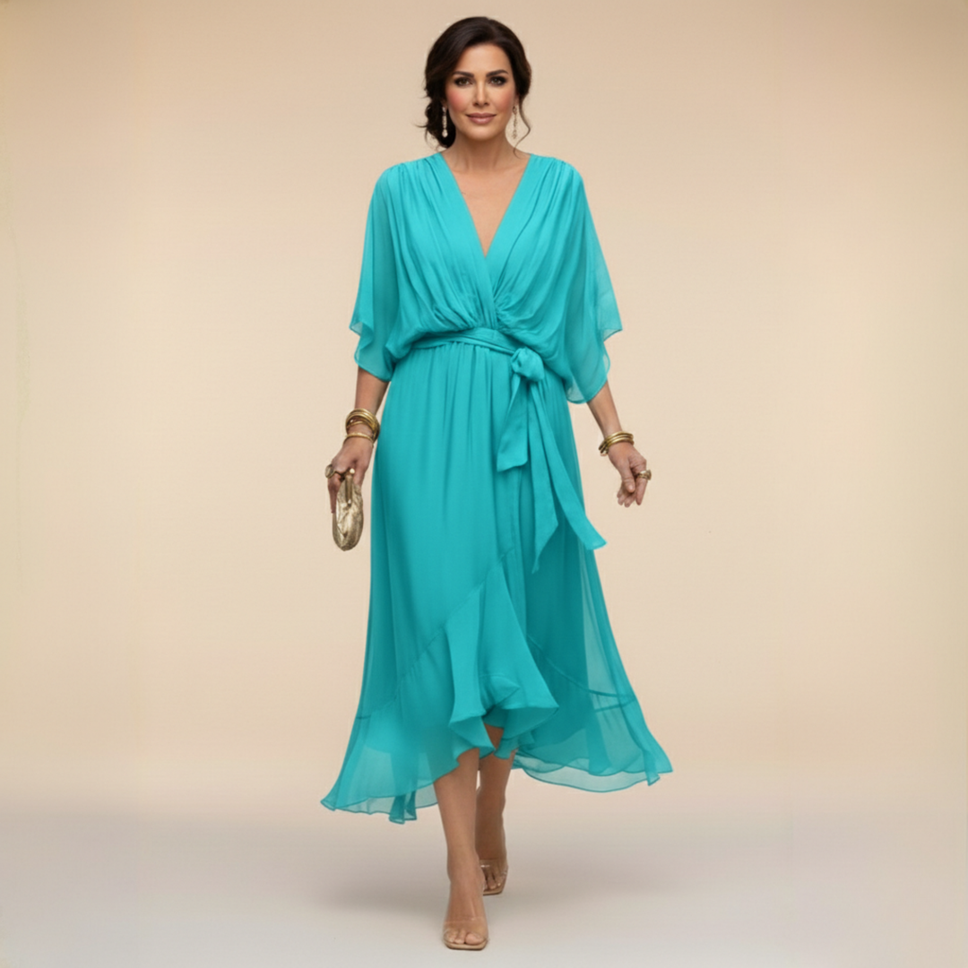Women's V-Neck Wrap Belted Batwing Sleeve Chiffon Midi Dress