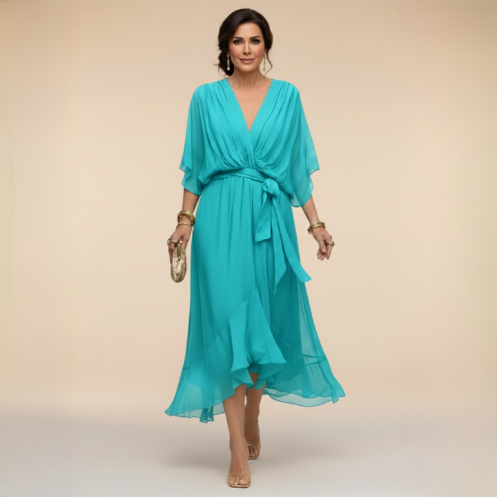 Women's V-Neck Wrap Belted Batwing Sleeve Chiffon Midi Dress