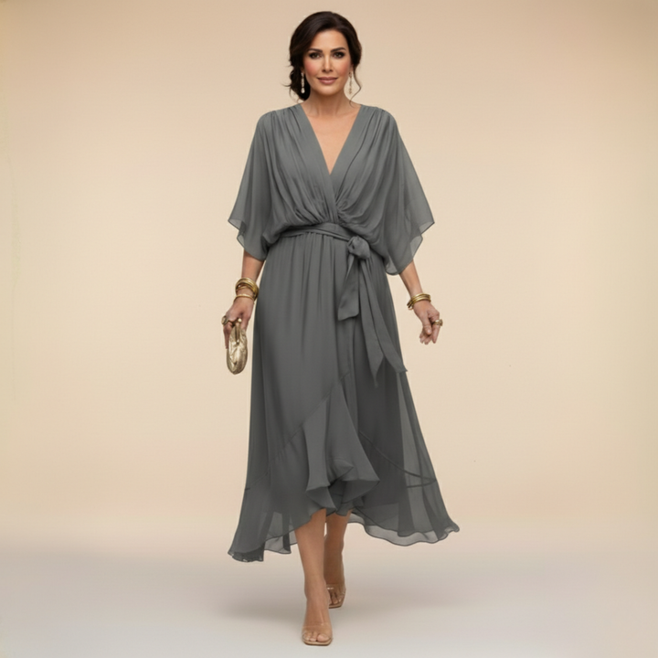 Women's V-Neck Wrap Belted Batwing Sleeve Chiffon Midi Dress