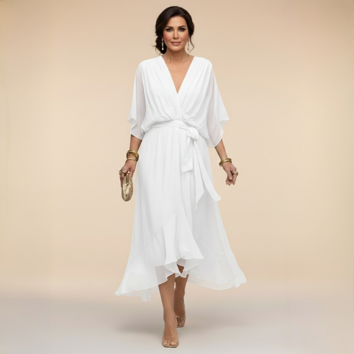 Women's V-Neck Wrap Belted Batwing Sleeve Chiffon Midi Dress