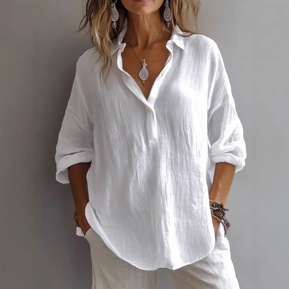 Women's Casual Linen Shirt with Button Placket and Wide Sleeve